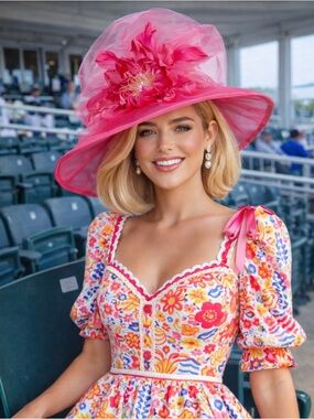 Kentucky Derby Hat Pink Organza Wide Brim Floral